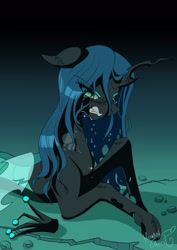 Size: 1448x2048 | Tagged: safe, artist:hauntedtuba, queen chrysalis, changeling, changeling queen, g4, angry, concave belly, crown, crying, cute, cutealis, female, jewelry, lying down, madorable, prone, regalia, sad, sadorable, slender, solo, tears of anger, thin
