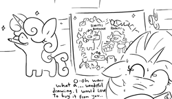 Size: 2481x1440 | Tagged: safe, artist:tjpones, rarity, sweetie belle, pony, unicorn, drawing (shitty) porn of every episode, g4, sisterhooves social, black and white, dialogue, drawing, duo, female, grayscale, implied prostitution, money, monochrome, mouth hold, nervous sweat, pencil, siblings, sisters, sweat