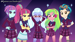 Size: 3840x2160 | Tagged: safe, artist:deadinside97, indigo zap, lemon zest, sour sweet, sugarcoat, sunny flare, equestria girls, g4, clothes, crystal prep academy uniform, female, glasses, group, high res, looking at you, pigtails, plaid skirt, pleated skirt, ponytail, quintet, school uniform, shadow five, show accurate, skirt, twintails