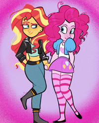 Size: 1440x1800 | Tagged: safe, artist:carconutty, pinkie pie, sunset shimmer, equestria girls, alternate hairstyle, belly button, belt, boots, clothes, cute, diapinkes, ear piercing, earring, eyeshadow, female, flats, holding hands, jacket, jeans, jewelry, leather jacket, lesbian, makeup, midriff, nose piercing, nose ring, pants, piercing, shimmerbetes, shipping, shirt, shoes, skirt, socks, stockings, striped socks, sunsetpie, thigh highs