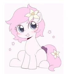 Size: 1785x2015 | Tagged: safe, artist:ginmaruxx, oc, oc only, earth pony, pony, commission, cute, female, flower, flower in hair, looking at you, mare, ocbetes, open mouth, open smile, simple background, sitting, smiling, smiling at you, solo, white background