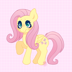 Size: 2048x2048 | Tagged: safe, artist:0laramie0, fluttershy, pegasus, pony, g4, checkered background, female, high res, mare, raised hoof, solo