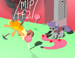 Size: 2668x2064 | Tagged: safe, artist:capital_t, applejack, boulder (g4), maud pie, earth pony, pony, g4, /mlp/, /mlp/ tf2 general, 4chan, candy, female, fire, food, high res, lollichop, lollipop, mare, pickaxe, pyrovision, pyrovision goggles, team fortress 2