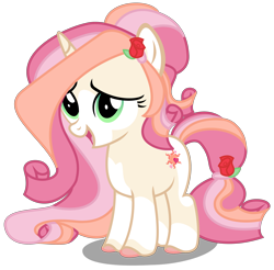 Size: 3500x3440 | Tagged: safe, artist:strategypony, oc, oc only, oc:rose fluff, pony, unicorn, female, filly, flower, flower in hair, flower in tail, foal, high res, horn, rose, simple background, tail, transparent background, unicorn oc