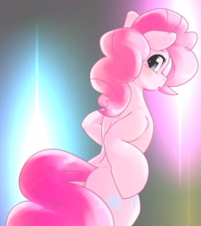 Size: 1826x2048 | Tagged: safe, artist:kurogewapony, pinkie pie, earth pony, pony, g4, abstract background, bipedal, blushing, butt, cute, diapinkes, female, looking at you, looking back, looking back at you, mare, plot, simple background, solo, surprised