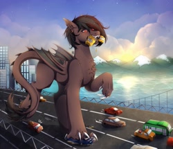 Size: 4096x3523 | Tagged: safe, artist:dorotea, artist:doroteaethereal, oc, oc:lighting, dracony, dragon, hybrid, bridge, bus, car, city, claws, crush fetish, eating, fangs, fetish, macro, object vore, road, sternocleidomastoid, vore, walking