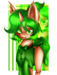 Size: 774x1032 | Tagged: safe, artist:maiza_zara, oc, oc only, oc:gweeny apple, pony, unicorn, >:), bow, bowtie, clothes, green eyes, green mane, hair, horn, looking at you, ponytail, raised hoof, shading, signature, smiling, smiling at you, solo, unicorn oc