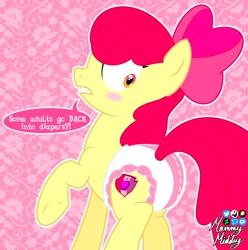 Size: 894x900 | Tagged: safe, artist:mommymidday, apple bloom, earth pony, pony, g4, abdl, adult foal, blushing, bow, dialogue, diaper, diaper fetish, embarrassed, fetish, hair bow, implied tail hole, looking back, non-baby in diaper, older, older apple bloom, raised hoof, raised tail, shocked, show accurate, solo, tail