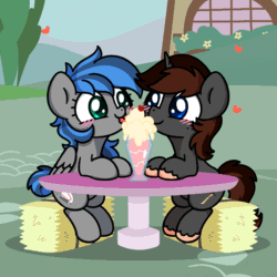 Size: 1000x1000 | Tagged: safe, artist:sugar morning, oc, oc:bibbo, oc:twisty, pegasus, pony, unicorn, animated, blushing, cherry, commission, cute, date, duo, female, floating heart, food, freckles, gif, hay bale, heart, licking, looking at each other, looking at someone, male, milkshake, mlem, oc x oc, outdoors, sharing a drink, shipping, silly, sitting, straight, tongue out, twibbo, whipped cream, ych result