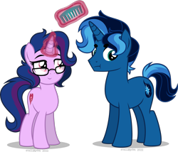 Size: 5199x4460 | Tagged: safe, artist:stellardusk, oc, oc only, oc:stellar dusk, oc:stellar nebula, pony, unicorn, comb, female, glasses, magic, male, mother and child, mother and son, pouting, simple background, telekinesis, transparent background