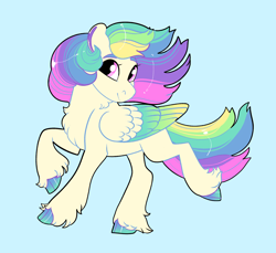 Size: 2400x2200 | Tagged: safe, artist:loryska, oc, pegasus, pony, blue background, colored wings, female, high res, magical lesbian spawn, mare, multicolored wings, offspring, parent:rainbow dash, parent:twilight sparkle, parents:twidash, simple background, solo, wings
