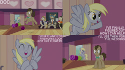 Size: 1280x720 | Tagged: safe, edit, edited screencap, editor:quoterific, screencap, colter sobchak, derpy hooves, doctor whooves, jeff letrotski, theodore donald "donny" kerabatsos, time turner, earth pony, pegasus, pony, g4, season 5, slice of life (episode), ^^, cute, derpabetes, eyes closed, female, male, mare, open mouth, open smile, shrunken pupils, smiling, spread wings, stallion, text, wings