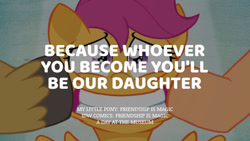 Size: 1280x720 | Tagged: safe, edit, editor:quoterific, idw, mane allgood, scootaloo, snap shutter, earth pony, pegasus, pony, g4, a day at the museum, female, filly, foal, grin, male, mare, offscreen character, smiling, solo focus, stallion, text