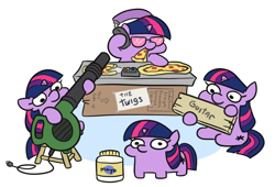 Size: 908x617 | Tagged: safe, artist:jargon scott, twilight sparkle, pony, unicorn, g4, band, cardboard box, commission, disc jockey, female, filly, filly twilight sparkle, food, headphones, is mayonnaise an instrument?, leaf blower, looking at you, mayonnaise, meat, multeity, pepperoni, pepperoni pizza, pizza, sauce, self paradox, self ponidox, sign, simple background, sparkle sparkle sparkle, spongebob squarepants, squatpony, stool, sunglasses, turntable, twiggie, unicorn twilight, white background, younger