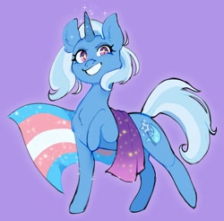 Size: 1371x1348 | Tagged: safe, artist:boorakun, trixie, pony, unicorn, g4, chest fluff, eyelashes, female, grin, horn, lavender background, looking at you, mare, pride, pride flag, raised hoof, simple background, smiling, smiling at you, solo, sparkles, starry eyes, tail, trans female, trans trixie, transgender, transgender pride flag, wingding eyes