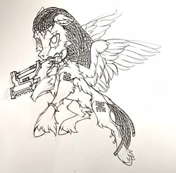 Size: 3024x2978 | Tagged: safe, artist:creature.exist, oc, pegasus, pony, armed, axe, chaos, chest fluff, cloven hooves, fluffy, flying, heresy, heretic, high res, khorne, neck rings, runes, sketch, solo, tattoo, traditional art, unshorn fetlocks, warhammer (game), warhammer 40k, warp, weapon, wings