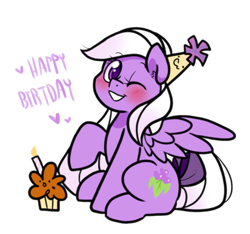 Size: 971x910 | Tagged: safe, artist:paperbagpony, oc, oc only, oc:yoko, pegasus, pony, blushing, bow, candle, cupcake, food, happy birthday, hat, one eye closed, party hat, pegasus oc, simple background, solo, tail, tail bow, white background, wink