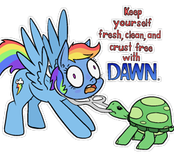 Size: 1000x915 | Tagged: safe, alternate version, artist:happy harvey, rainbow dash, tank, pegasus, pony, tortoise, g4, colored, colored pupils, dawn, drawthread, female, helping, mare, phone drawing, plastic, pulling, rainbow dumb, requested art, role reversal, simple background, soap, spread wings, suffocating, too dumb to live, transparent background, trash, wings