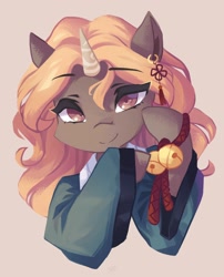 Size: 2418x3000 | Tagged: oc name needed, safe, artist:saxopi, oc, oc only, pony, unicorn, beige background, bell, brown eyes, bust, cat bell, cheek fluff, clothes, colored pupils, ear piercing, earring, eyebrows, eyebrows visible through hair, eyelashes, high res, horn, jewelry, looking at you, piercing, simple background, smiling, smiling at you, solo, unicorn oc