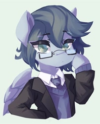 Size: 2418x3000 | Tagged: oc name needed, safe, artist:saxopi, oc, oc only, pegasus, semi-anthro, adjusting glasses, arm hooves, bust, clothes, colored pupils, eye clipping through hair, eyebrows, eyebrows visible through hair, eyelashes, glasses, green background, green eyes, high res, looking at you, necktie, pegasus oc, simple background, solo, spread wings, suit, sweater, sweater vest, white shirt, wings
