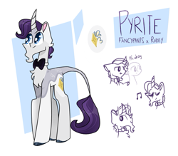 Size: 849x744 | Tagged: safe, artist:goldlines005, oc, oc only, pony, unicorn, bowtie, chest fluff, horn, leonine tail, music notes, offspring, parent:fancypants, parent:rarity, parents:raripants, reference sheet, tail, unicorn oc