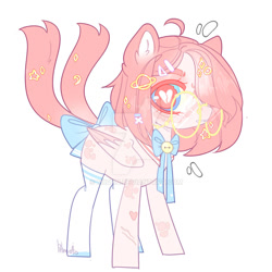Size: 1024x1024 | Tagged: safe, artist:miioko, oc, oc only, pony, aesthetics, bow, deviantart watermark, heart eyes, heartbreak, multiple tails, obtrusive watermark, simple background, solo, tail, tail bow, watermark, white background, wingding eyes