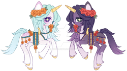 Size: 1024x578 | Tagged: safe, artist:miioko, oc, oc only, pony, unicorn, base used, bridle, deviantart watermark, duo, floral head wreath, flower, horn, obtrusive watermark, rearing, simple background, starry eyes, tack, transparent background, unicorn oc, watermark, wingding eyes