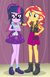 Size: 1057x1623 | Tagged: safe, screencap, sci-twi, sunset shimmer, twilight sparkle, equestria girls, g4, my little pony equestria girls: better together, stressed in show, boots, bowtie, clothes, cropped, crumpled paper, cutie mark on clothes, duo, geode of empathy, geode of telekinesis, glasses, good friends, hand on hip, hand on shoulder, jewelry, leather, leather vest, magical geodes, necklace, pendant, polo shirt, ponytail, sci-twi skirt, script, shoes, shoulderless shirt, skirt, socks, spikes, vest