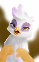 Size: 1833x2910 | Tagged: safe, artist:grimmie2, gilda, griffon, g4, beak, female, front view, looking at you, open beak, open mouth, simple background, solo, yellow eyes