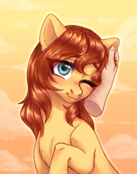 Size: 1136x1440 | Tagged: source needed, safe, artist:nika-rain, oc, oc only, oc:sea breeze, earth pony, human, pony, commission, cute, digital art, disembodied hand, earth pony oc, female, female focus, hand, human on pony petting, looking at you, petting, solo focus, ych result