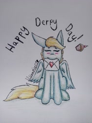 Size: 2816x3754 | Tagged: safe, artist:lil_vampirecj, derpy hooves, pegasus, pony, g4, art, blushing, caption, colored, commission, derpy day, fineline art, floppy ears, folded wings, food, front view, happy derpy day, heart, high res, holding, letter, love letter, muffin, photo, shaded sketch, shading, sitting, sketch, smiling, solo, text, wings, ych result