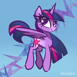 Size: 2048x2048 | Tagged: safe, artist:pfeffaroo, twilight sparkle, alicorn, pony, g4, abstract background, female, high res, hooves, horn, mare, signature, solo, starry eyes, twilight sparkle (alicorn), wingding eyes, wings