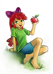 Size: 771x1080 | Tagged: artist needed, safe, anonymous artist, edit, apple bloom, human, equestria girls, g4, adorabloom, apple, apple bloom's bow, ass, barefoot, blushing, bow, butt, clothes, cute, feet, female, food, grass, hair bow, open mouth, shirt, shorts, simple background, sitting, solo, t-shirt, toes, white background, wrong eye color