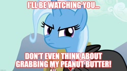 Size: 1280x720 | Tagged: safe, edit, edited screencap, screencap, trixie, pony, unicorn, g4, magic duel, season 3, alicorn amulet, cape, caption, clothes, evil trixie, female, frown, horn, image macro, imgflip, mare, outdoors, solo, text