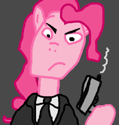 Size: 904x948 | Tagged: safe, artist:styrbo, pinkie pie, earth pony, anthro, g4, 1000 hours in ms paint, clothes, evil, fbi, grayscale, gun, monochrome, necktie, pixel art, pulp fiction, solo, suit, weapon