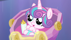 Size: 1280x720 | Tagged: safe, screencap, princess flurry heart, alicorn, pony, g4, season 6, the times they are a changeling, baby, baby bottle, baby flurry heart, baby pony, cooing, cradle, cuddly, cute, cutest pony alive, cutest pony ever, daaaaaaaaaaaw, diabetes, diaper, dilated pupils, flurrybetes, foal, foal bottle, huggable, solo