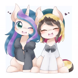 Size: 1935x1932 | Tagged: safe, artist:adamai_0517, artist:ginmaruxx, oc, oc only, earth pony, pony, unicorn, blushing, clothes, cute, duo, duo female, earth pony oc, emanata, eyes closed, female, front view, hat, heart, horn, jacket, mare, ocbetes, one eye closed, open mouth, open smile, raised hoof, simple background, sitting, smiling, unicorn oc, white background