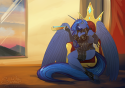 Size: 1200x845 | Tagged: safe, artist:sunny way, princess luna, alicorn, anthro, unguligrade anthro, breasts, cleavage, cloud, digital art, eyebrows, eyebrows visible through hair, eyelashes, fan, fancy, feather, feathered wings, female, folded wings, horn, indoors, large wings, mare, mountain, patreon, patreon reward, sky, solo, throne, throne room, window, wings