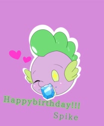 Size: 1707x2048 | Tagged: safe, artist:zeon_starlight, spike, dragon, bust, eating, gem, happy birthday, heart, male, one eye closed, purple background, simple background