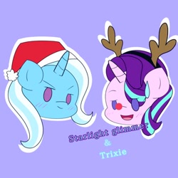 Size: 400x400 | Tagged: safe, artist:zeon_starlight, starlight glimmer, trixie, pony, unicorn, antlers, beady eyes, christmas, duo, female, hat, holiday, looking at you, mare, open mouth, open smile, purple background, reindeer antlers, santa hat, simple background, smiling, smiling at you, text