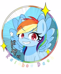 Size: 1707x2048 | Tagged: safe, artist:zeon_starlight, rainbow dash, pegasus, pony, g4, badge, bust, cute, dashabetes, feathered wings, female, grin, japanese, looking at you, mare, pegasus wings, simple background, smiling, smiling at you, smug, solo, sparkles, spread wings, text, translated in the comments, white background, wings