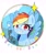 Size: 1707x2048 | Tagged: safe, artist:zeon_starlight, rainbow dash, pegasus, pony, badge, bust, cute, dashabetes, feathered wings, female, grin, japanese, looking at you, mare, pegasus wings, simple background, smiling, smiling at you, smug, solo, sparkles, spread wings, text, translated in the comments, white background, wings