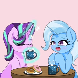 Size: 2048x2048 | Tagged: safe, artist:zeon_starlight, starlight glimmer, trixie, pony, unicorn, g4, chocolate, coffee, coffee mug, donut, drink, duo, empathy cocoa, eyes closed, female, food, high res, hot chocolate, magic, magic aura, mare, marshmallow, mug, open mouth, pink background, plate, simple background, steam, telekinesis