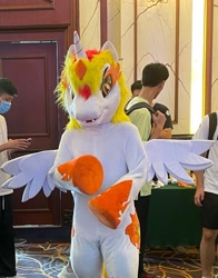 Size: 926x1183 | Tagged: safe, daybreaker, human, g4, china, china ponycon, clothes, convention, cosplay, costume, fursuit, irl, irl human, photo, spread wings, wings