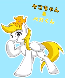 Size: 1707x2048 | Tagged: safe, artist:zeon_starlight, oc, oc only, pegasus, pony, blue background, duo, eyes closed, japanese, looking at you, male, open mouth, raised hoof, simple background, smiling, smiling at you, stallion