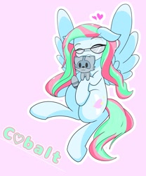 Size: 1707x2048 | Tagged: safe, artist:zeon_starlight, oc, oc only, oc:cobalt skies, pegasus, pony, cute, duo, emanata, eyes closed, female, flying, glasses, heart, mare, outline, pink background, simple background, spread wings, text, white outline, wings