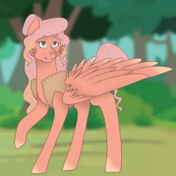 Size: 1080x1080 | Tagged: safe, artist:toasterbreadloaf, oc, oc only, pegasus, pony, cheek feathers, clothes, female, folded wings, forest, freckles, large wings, mare, offspring, parent:big macintosh, parent:fluttershy, parents:fluttermac, raised hoof, vest, wings