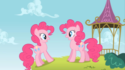 Size: 2362x1328 | Tagged: safe, screencap, pinkie pie, earth pony, pony, a friend in deed, g4, duality, looking at each other, looking at someone, open mouth, open smile, self paradox, self ponidox, smile song, smiling