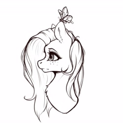 Size: 4096x4096 | Tagged: safe, artist:miokomata, fluttershy, butterfly, pegasus, pony, g4, absurd resolution, black and white, bust, chest fluff, ear fluff, female, freckles, freckleshy, grayscale, lineart, mare, monochrome, profile, simple background, solo, white background, wip