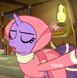 Size: 716x720 | Tagged: safe, screencap, saret, pony, unicorn, daring done?, g4, clothes, cropped, discovery family, discovery family logo, dress, egyptian, egyptian pony, eyes closed, female, logo, mare, open mouth, solo, somnambula resident